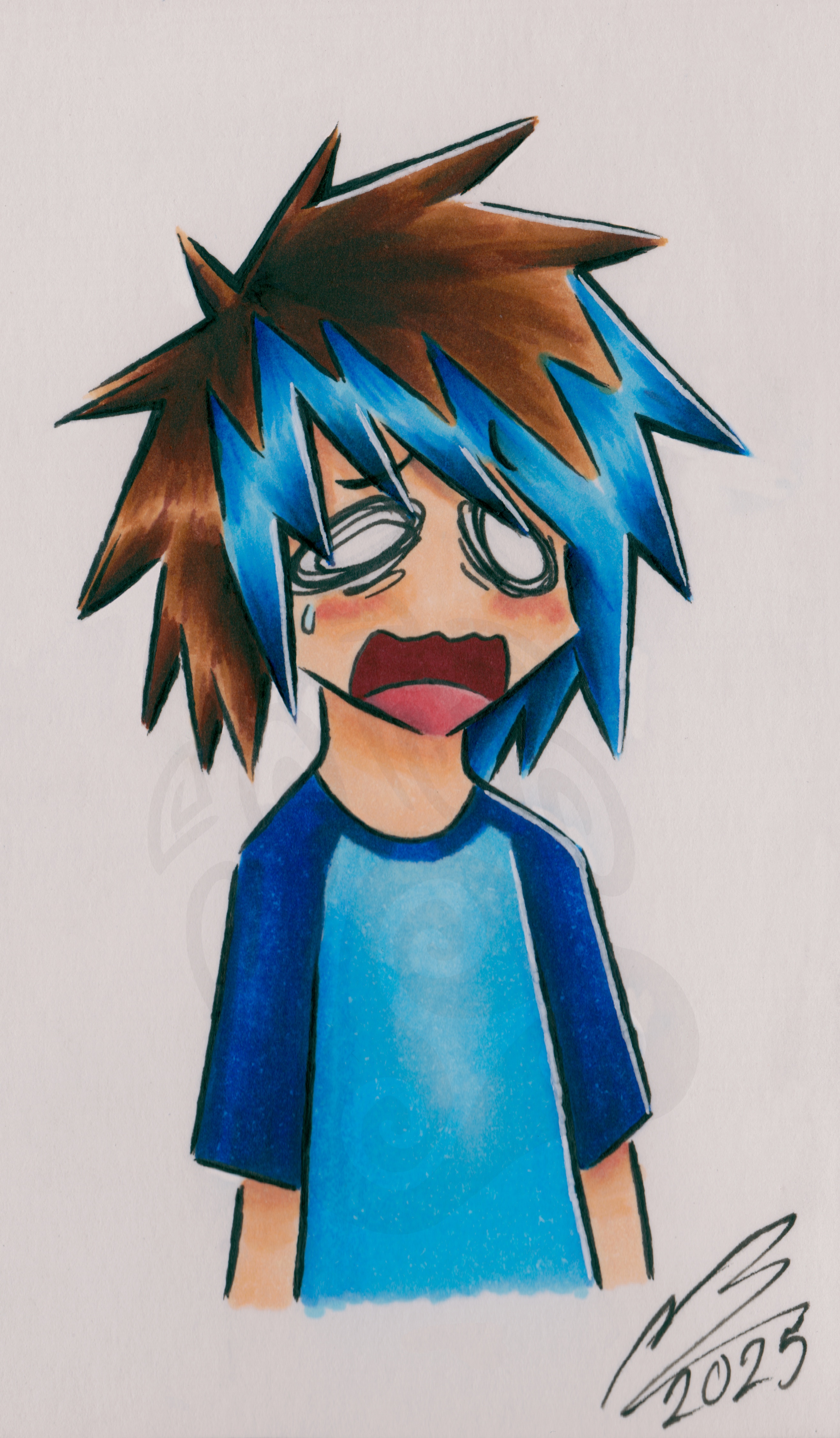 A traditional half-body art piece depicting a chibi version of the artist with an anxious/surprised expression.
The piece was created using fine line pens for the line art, coloured with alcohol based markers and used white gel pen for the highlights.